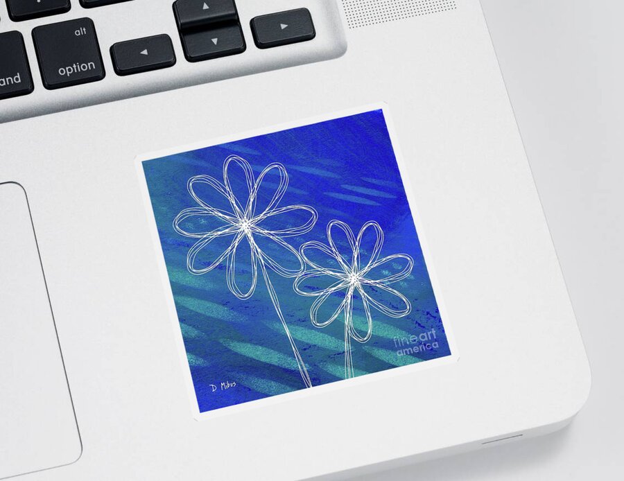 Retro Flowers Sticker featuring the mixed media White Abstract Flowers on Blue and Green by Donna Mibus