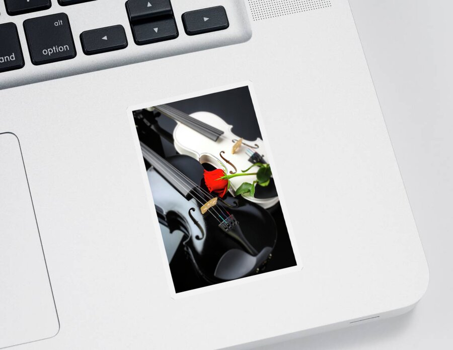 Violin Sticker featuring the photograph White And Black Violin With Red Rose by Garry Gay