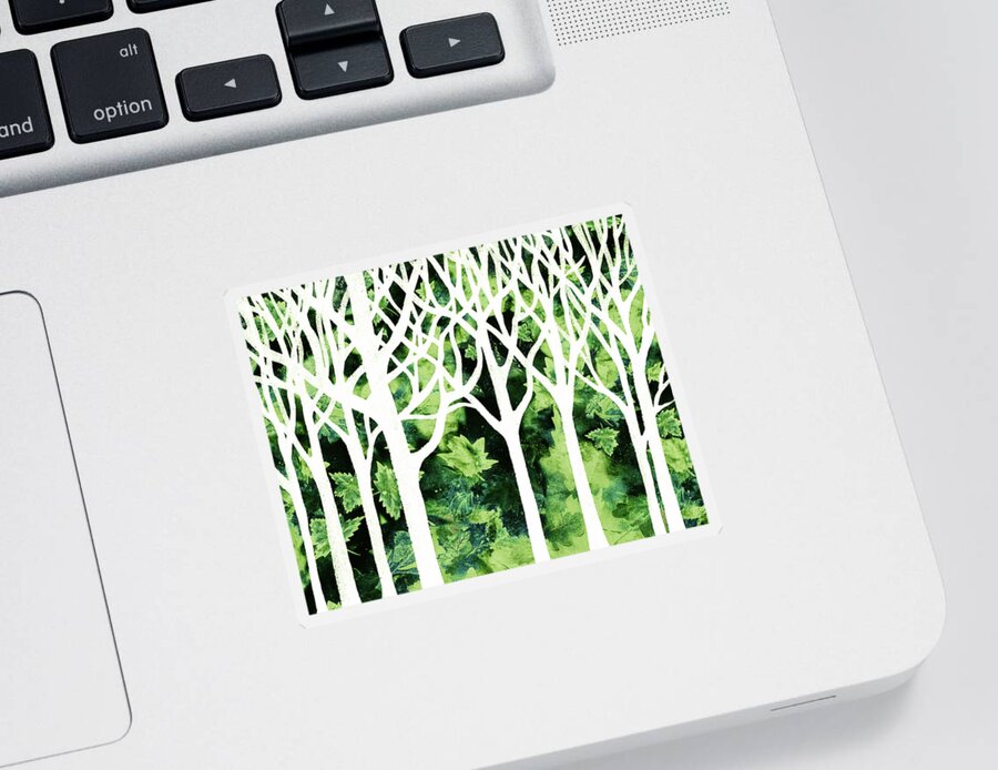 Abstract Forest Sticker featuring the painting White And Green Enchanted Forest Watercolor Silhouette Trees And Branches by Irina Sztukowski