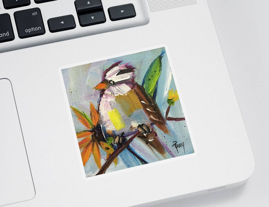 Sparrow Sticker featuring the painting White Crowned Sparrow on a Sunflower by Roxy Rich