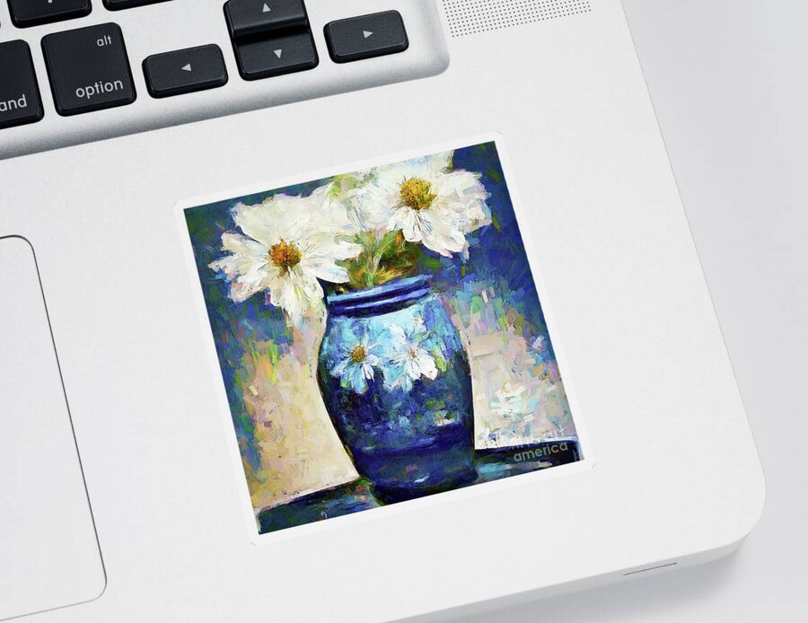 White Daisy Sticker featuring the painting White Daises In A Blue Vase by Tina LeCour