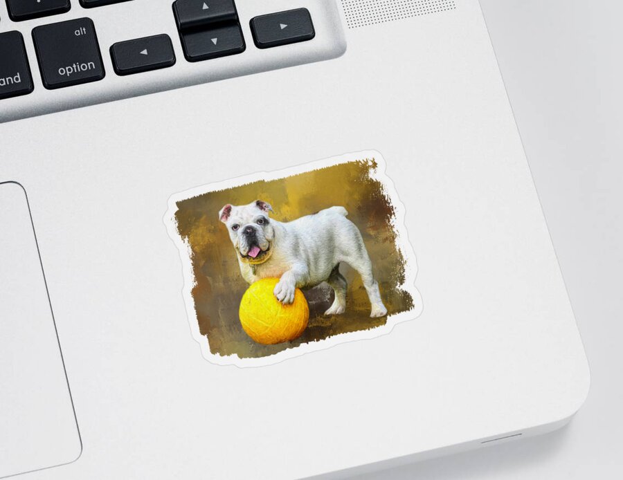 French Bulldog Sticker featuring the mixed media White French Bulldog with Ball by Elisabeth Lucas