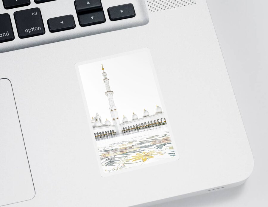 Uae Sticker featuring the photograph White Mosque - Courtyard Minaret by Philippe HUGONNARD