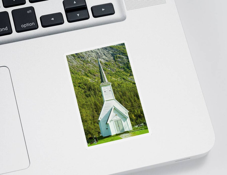 Norwegian Sticker featuring the photograph White Norwegian church at Jostedal, Norway by Neale And Judith Clark