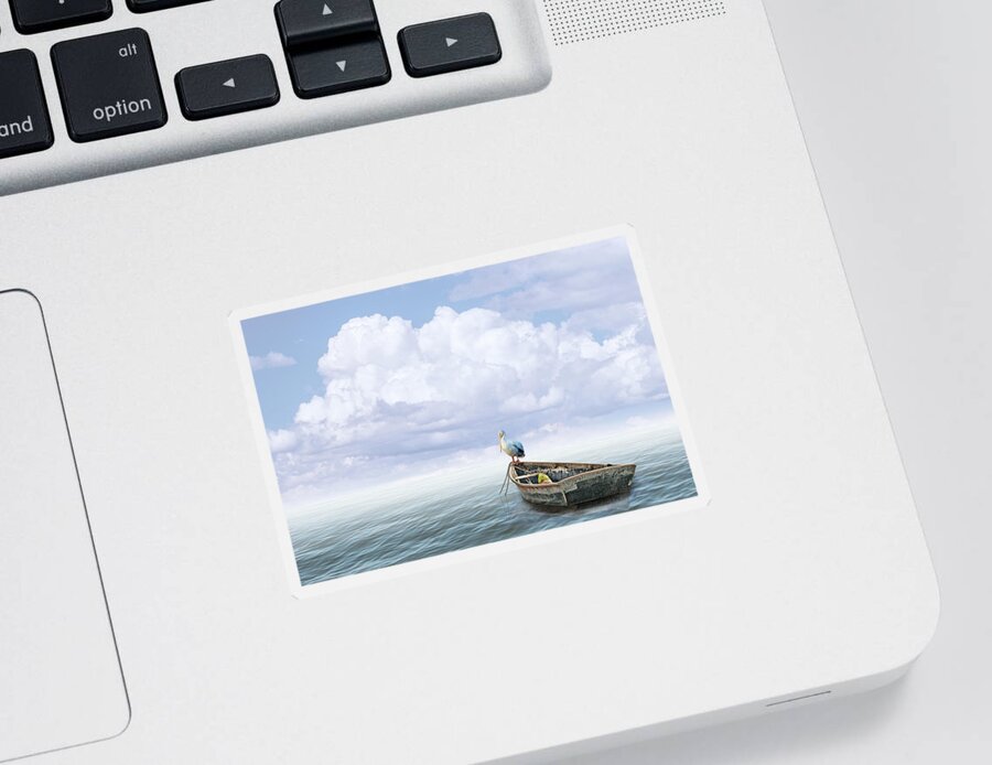 Skiff Sticker featuring the photograph White Pelican Perched on the Bow of a Boat Anchored on the Water by Randall Nyhof