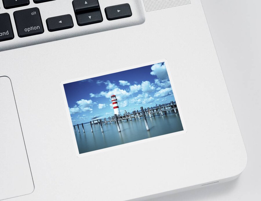 Destinations Sticker featuring the photograph White-red lighthouse in Podersdorf am See by Vaclav Sonnek