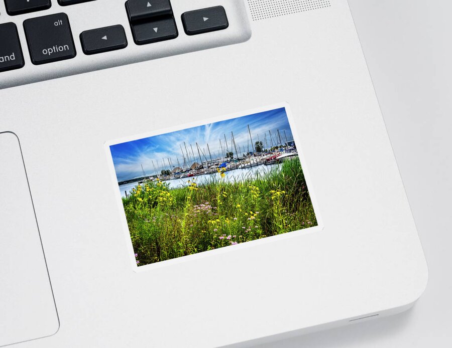 Boats Sticker featuring the photograph Wildflowers at the Harbor by Debra and Dave Vanderlaan