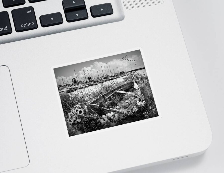 Black Sticker featuring the photograph Wildflowers Rowboat in the Harbor Black and White by Debra and Dave Vanderlaan