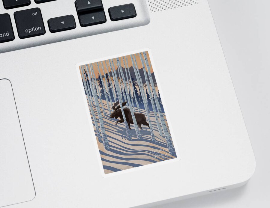 Moose Sticker featuring the painting Winter Birch Forest and Moose by Sassan Filsoof