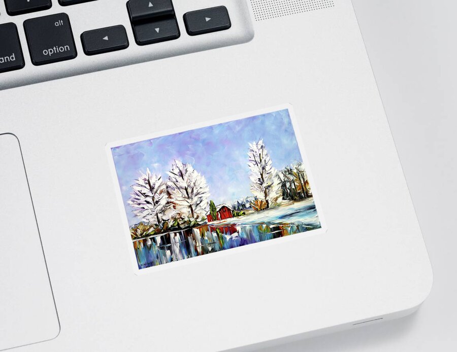 Lakescape Sticker featuring the painting Winter By The Lake by Mirek Kuzniar