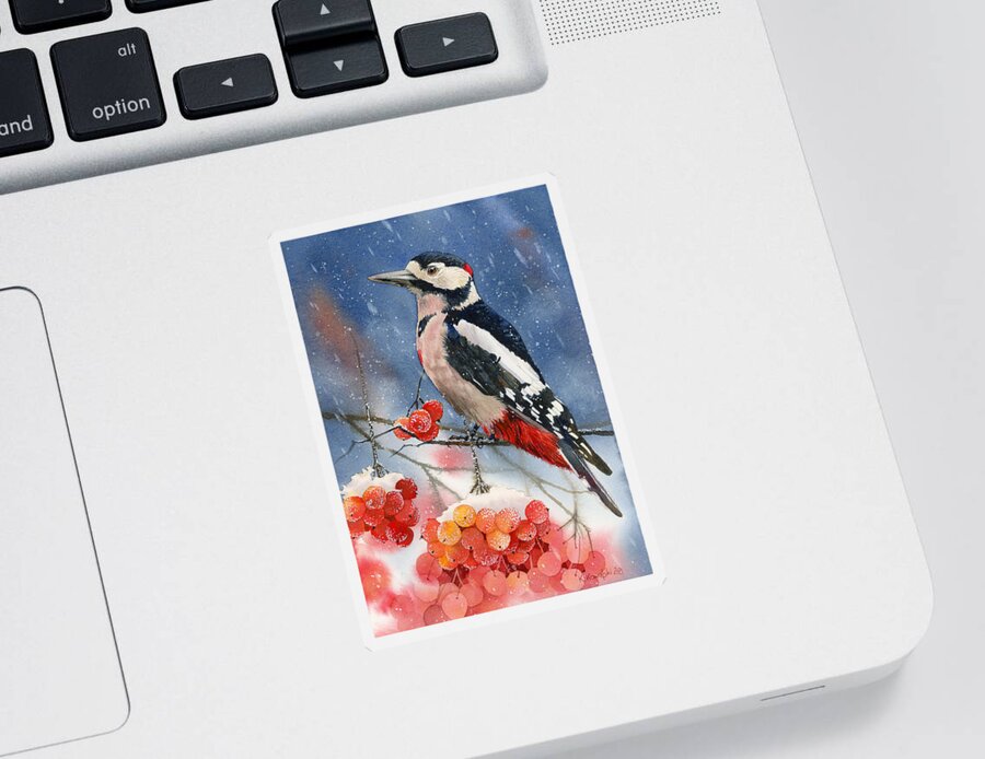 Bird Sticker featuring the painting Winter Woodpecker by Espero Art