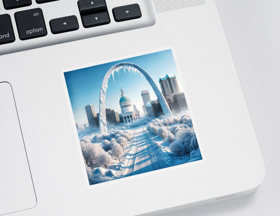 Gateway Arch Sticker featuring the digital art Winters Touch on the Gateway Arch by Bill And Linda Tiepelman
