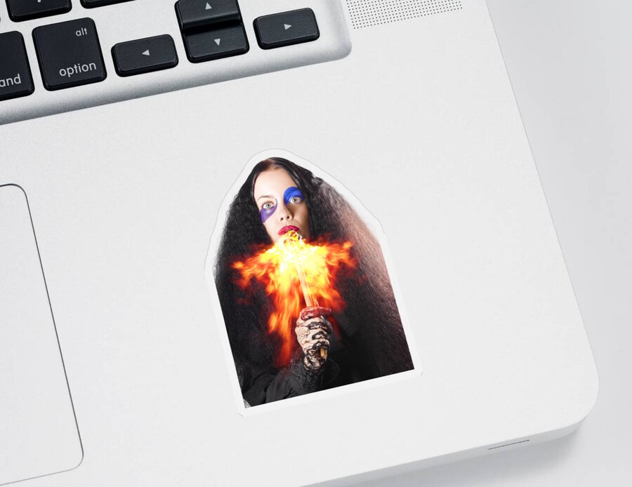 Fire Sticker featuring the photograph Woman breathing fire from mouth by Jorgo Photography