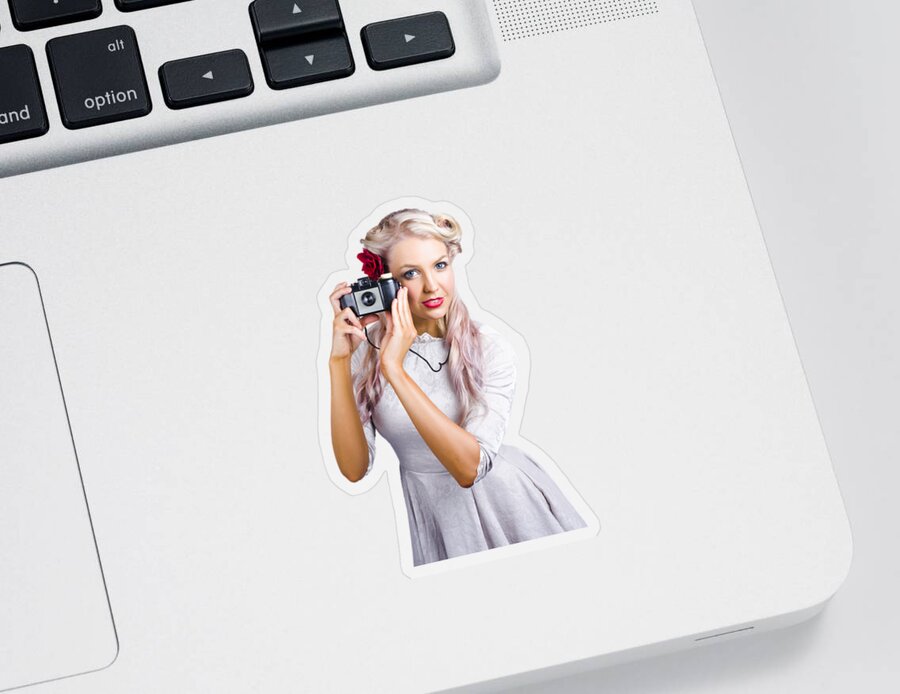 Pin-up Sticker featuring the photograph Woman using retro film camera by Jorgo Photography
