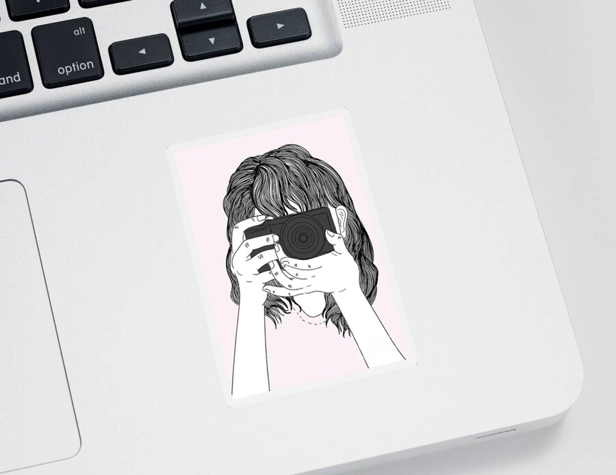 Graphic Sticker featuring the digital art Woman With A Camera - Line Art Graphic Illustration Artwork by Sambel Pedes