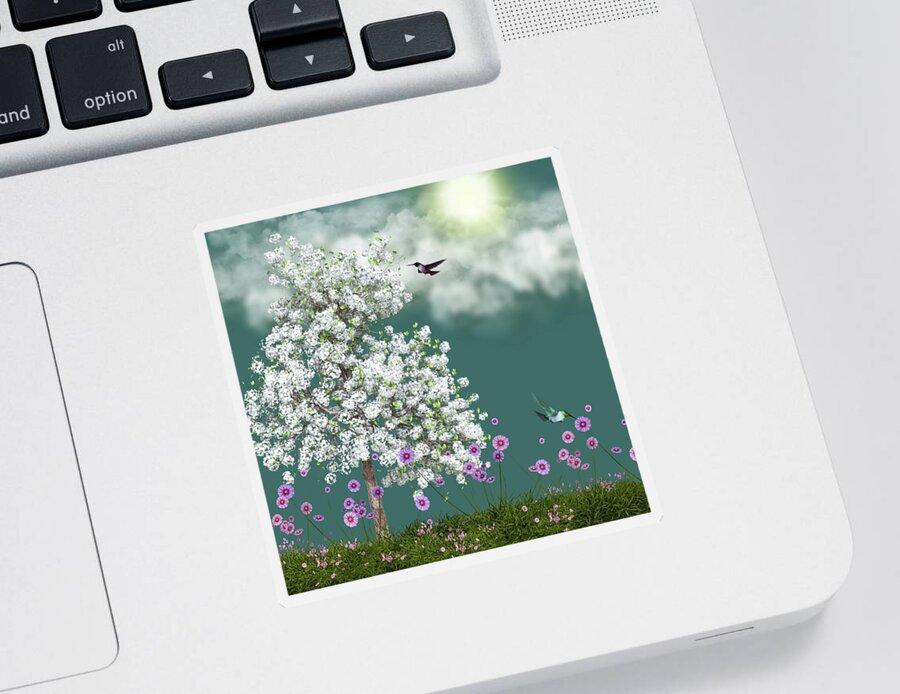 Nature Sticker featuring the digital art Wonderful Springtime with Hummingbirds by David Dehner