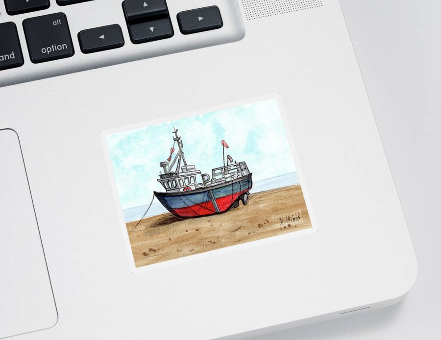 Colorful Wooden Fishing Boat Sticker featuring the painting Wooden Fishing Boat on the Beach by Donna Mibus