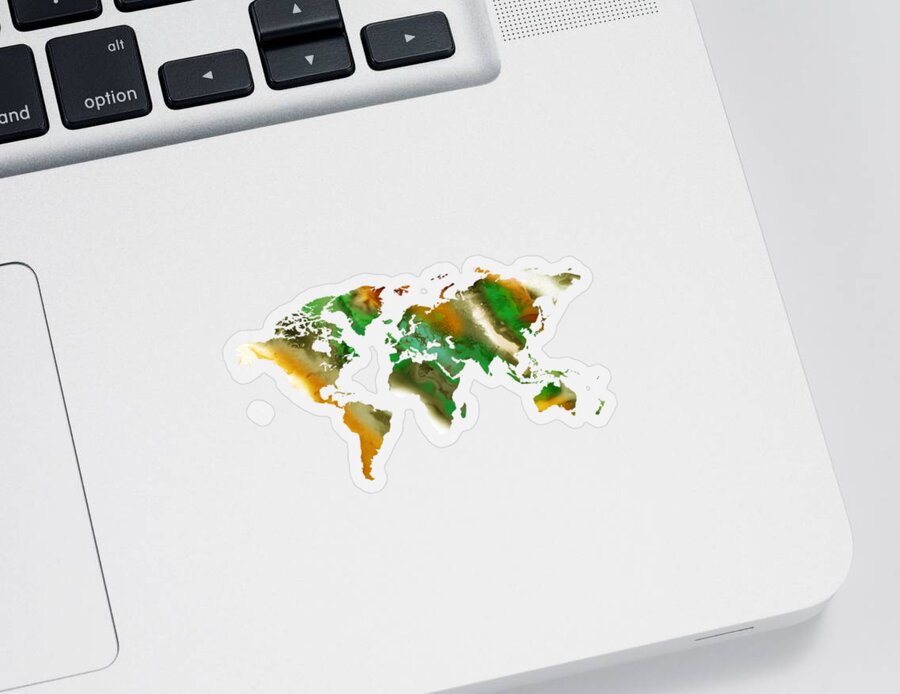 World Map Sticker featuring the painting World Map Watercolor Deep Warm Green And Earthy Golden Orange Tones by Irina Sztukowski