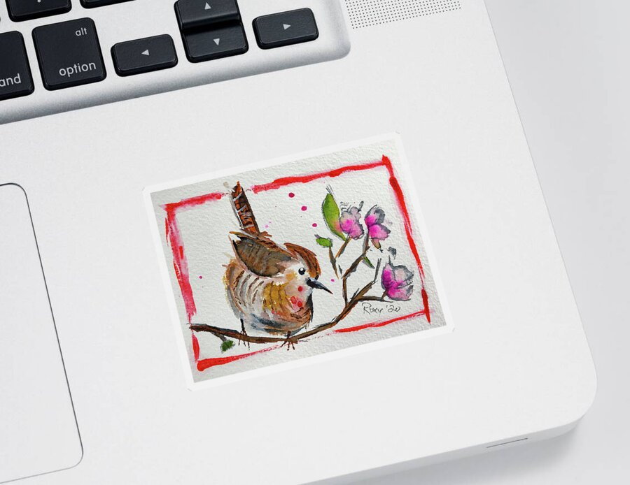 Wren Bird Sticker featuring the painting Wren in a Cherry Blossom Tree by Roxy Rich