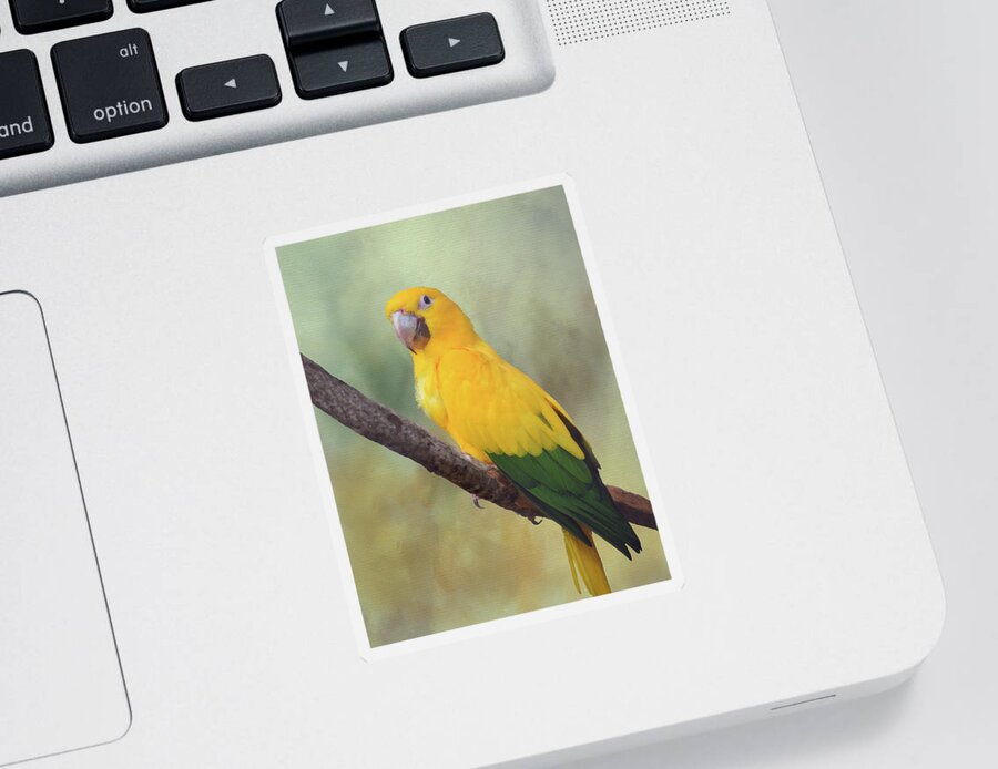 Bird Sticker featuring the mixed media Yellow Green Parrot Bird 82 by Lucie Dumas