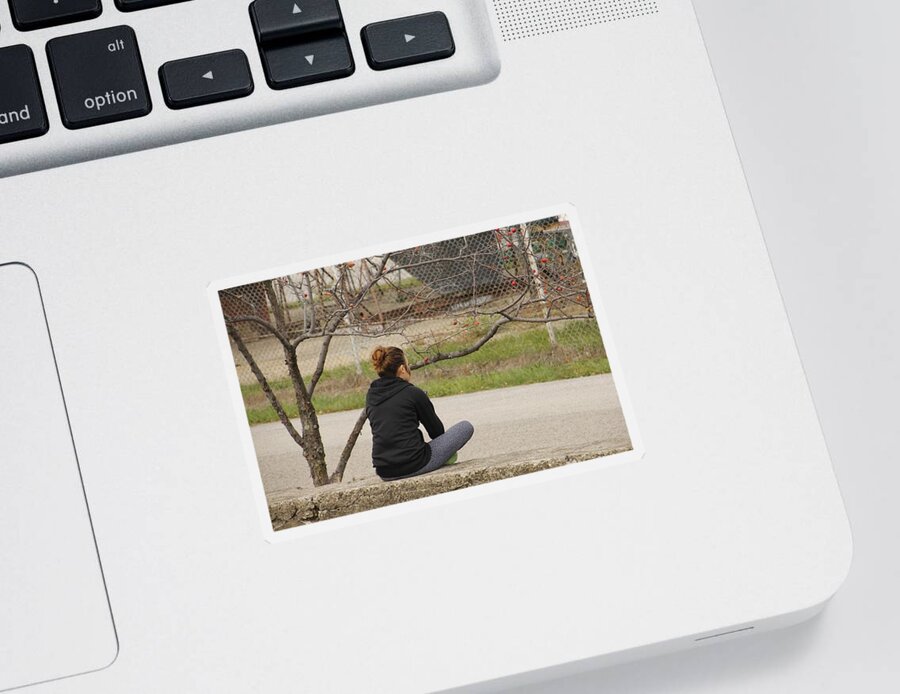 Natural Light Sticker featuring the photograph Young Woman waiting by Crab Apple Tree by Valerie Collins