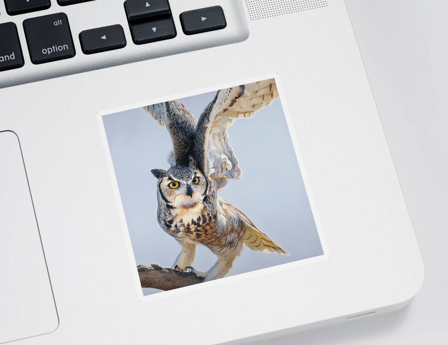 Nikita Coulombe Sticker featuring the painting Your Time Will Come - Great Horned Owl by Nikita Coulombe