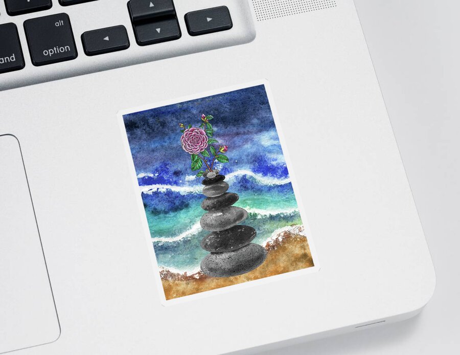 Zen Rocks Sticker featuring the painting Zen Rocks Cairn Meditative Tower Pink Camellia Flower Watercolor by Irina Sztukowski