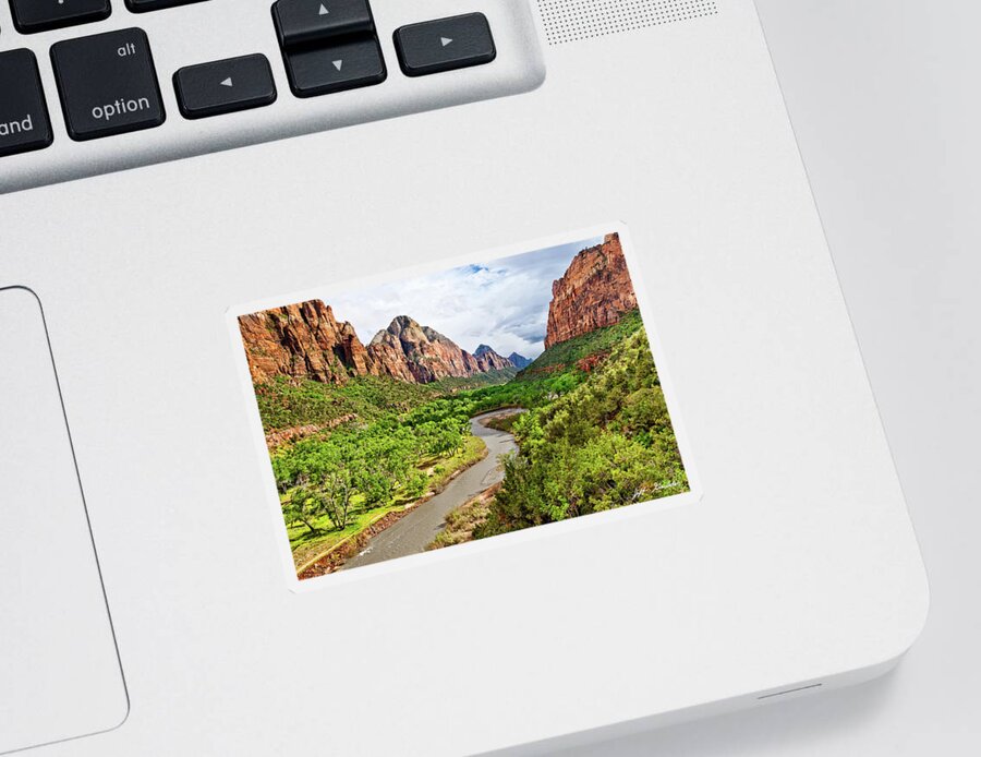 Arid Climate Sticker featuring the photograph Zion Canyon and the Meandering Virgin River at Dusk by Jeff Goulden