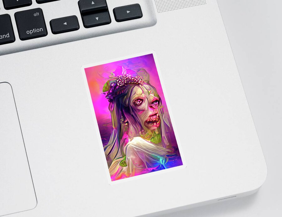 Zombie Sticker featuring the digital art Zombie Bride 01 Colorful and Trippy by Matthias Hauser