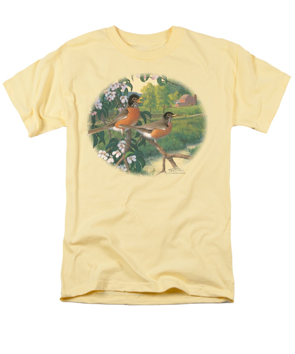 Wildlife Men's T-Shirt (Regular Fit) featuring the digital art Wildlife - Apple Blossom Time Robins by Brand A