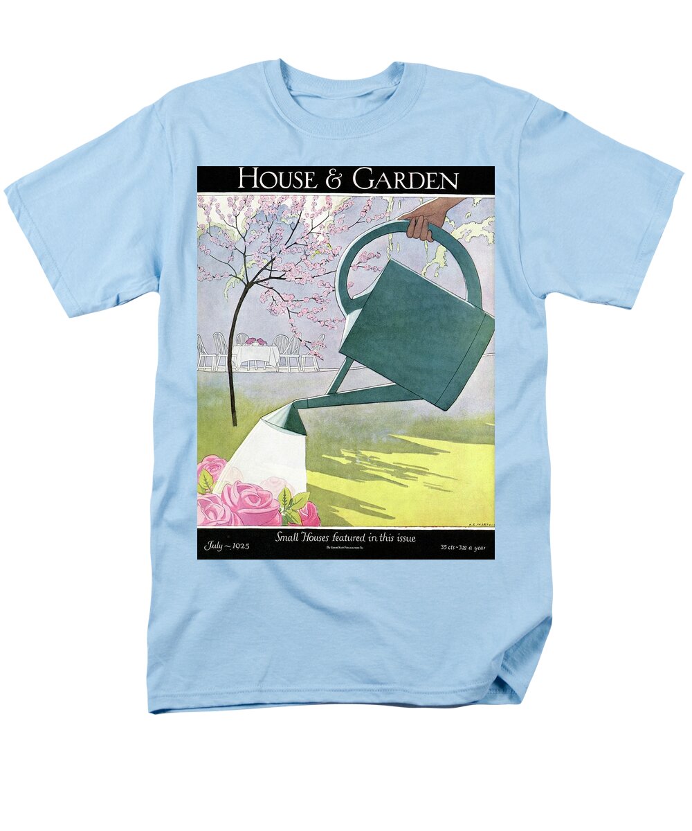 House And Garden Men's T-Shirt (Regular Fit) featuring the photograph A Watering Can Above Pink Roses by Andre E Marty