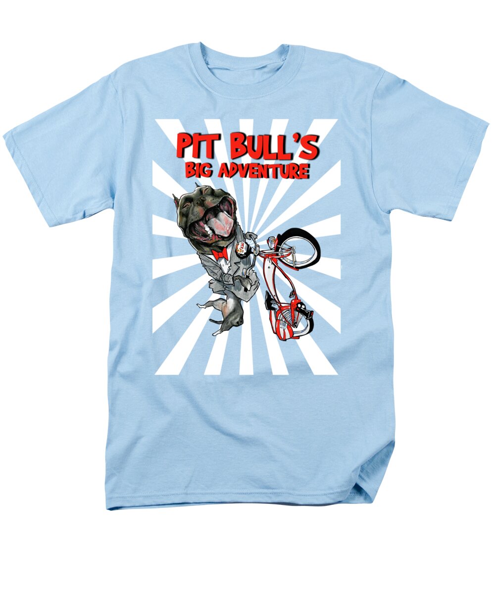 Dog Caricature Men's T-Shirt (Regular Fit) featuring the drawing Pit Bull's Big Adventure Caricature by Canine Caricatures By John LaFree
