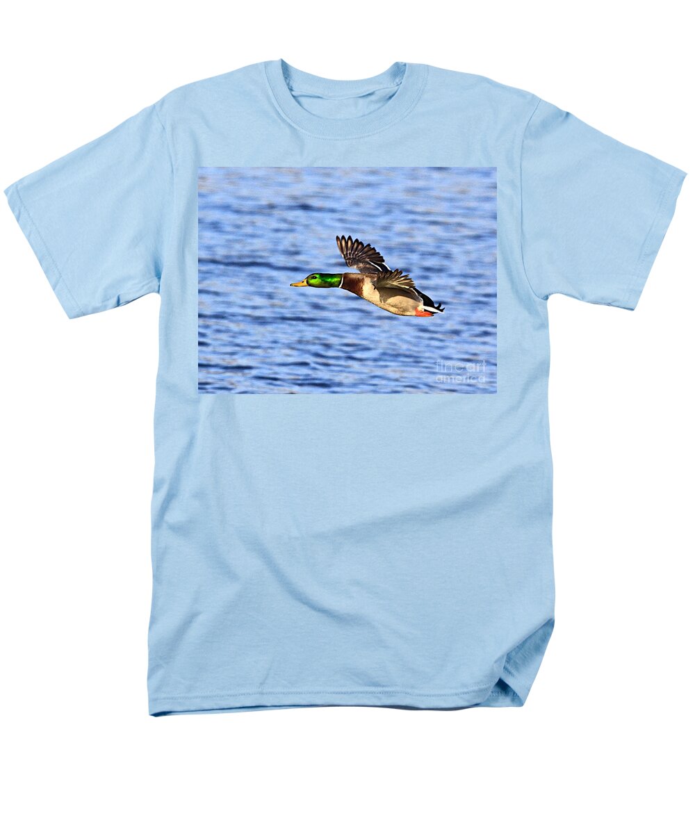 Bird Duck Water Flying Men's T-Shirt (Regular Fit) featuring the photograph The fly by by Robert Pearson