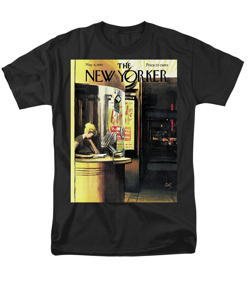 (a Lonely Cashier Reads In A Movie Ticket Booth While Waiting For Customers.)entertainment Movies Theater Reading Literature Arthur Getz Arthur Getz Agt Artkey 46182 Men's T-Shirt (Regular Fit) featuring the painting New Yorker May 6th, 1961 by Arthur Getz