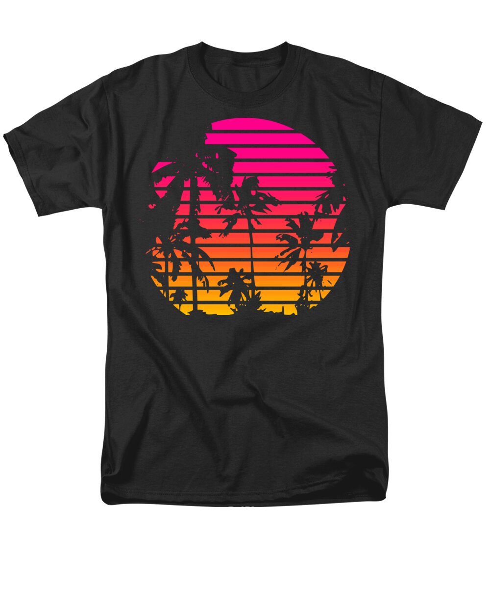 Sun Men's T-Shirt (Regular Fit) featuring the mixed media 80s Tropical Sunset by Megan Miller