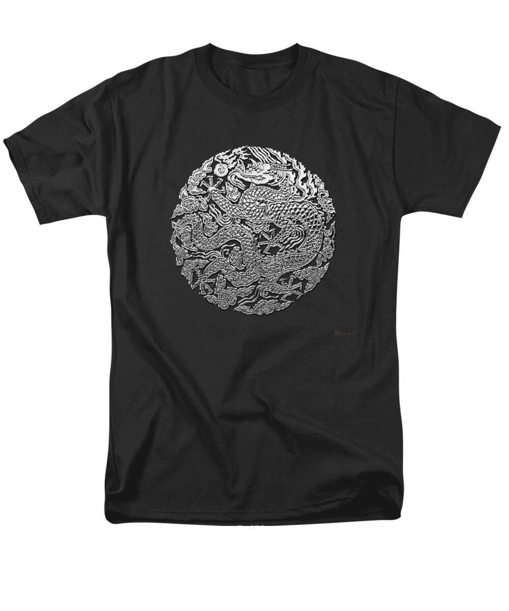 'treasures Of China' Collection By Serge Averbukh Men's T-Shirt (Regular Fit) featuring the digital art Sliver Chinese Dragon on Black Leather by Serge Averbukh