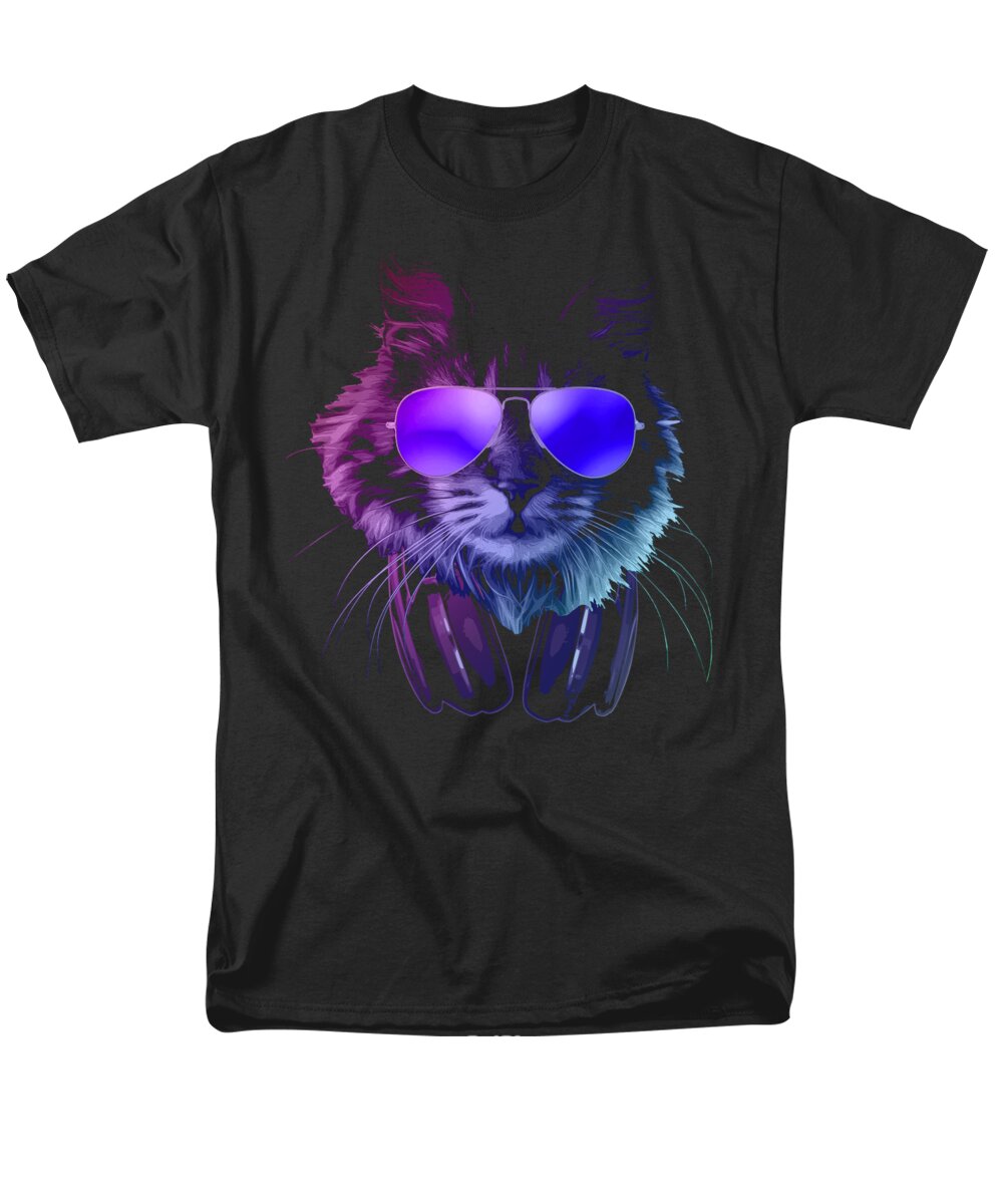 Cat Men's T-Shirt (Regular Fit) featuring the digital art Cool DJ Furry Cat In Neon Lights by Megan Miller