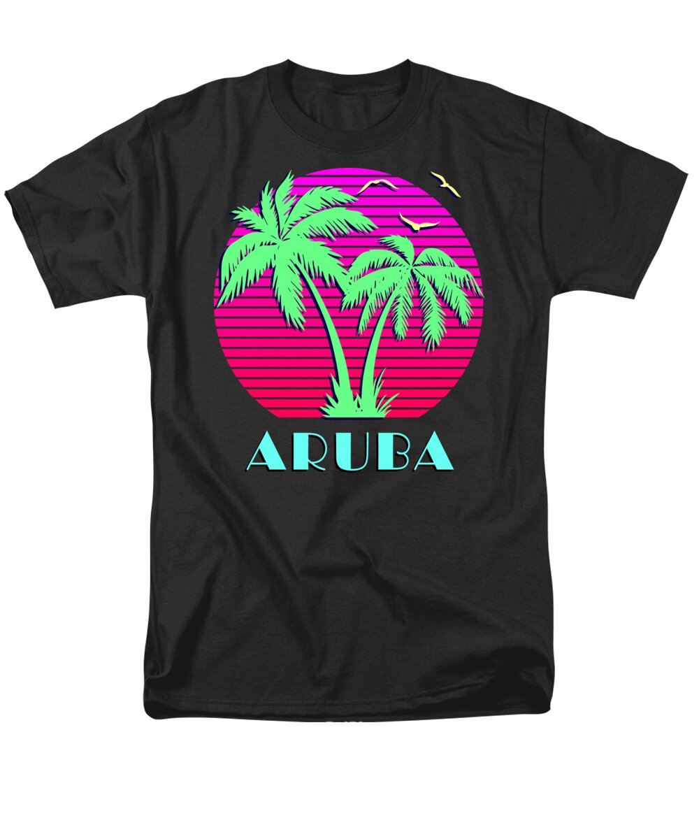 Classic Men's T-Shirt (Regular Fit) featuring the digital art Aruba Retro Palm Trees Sunset by Megan Miller