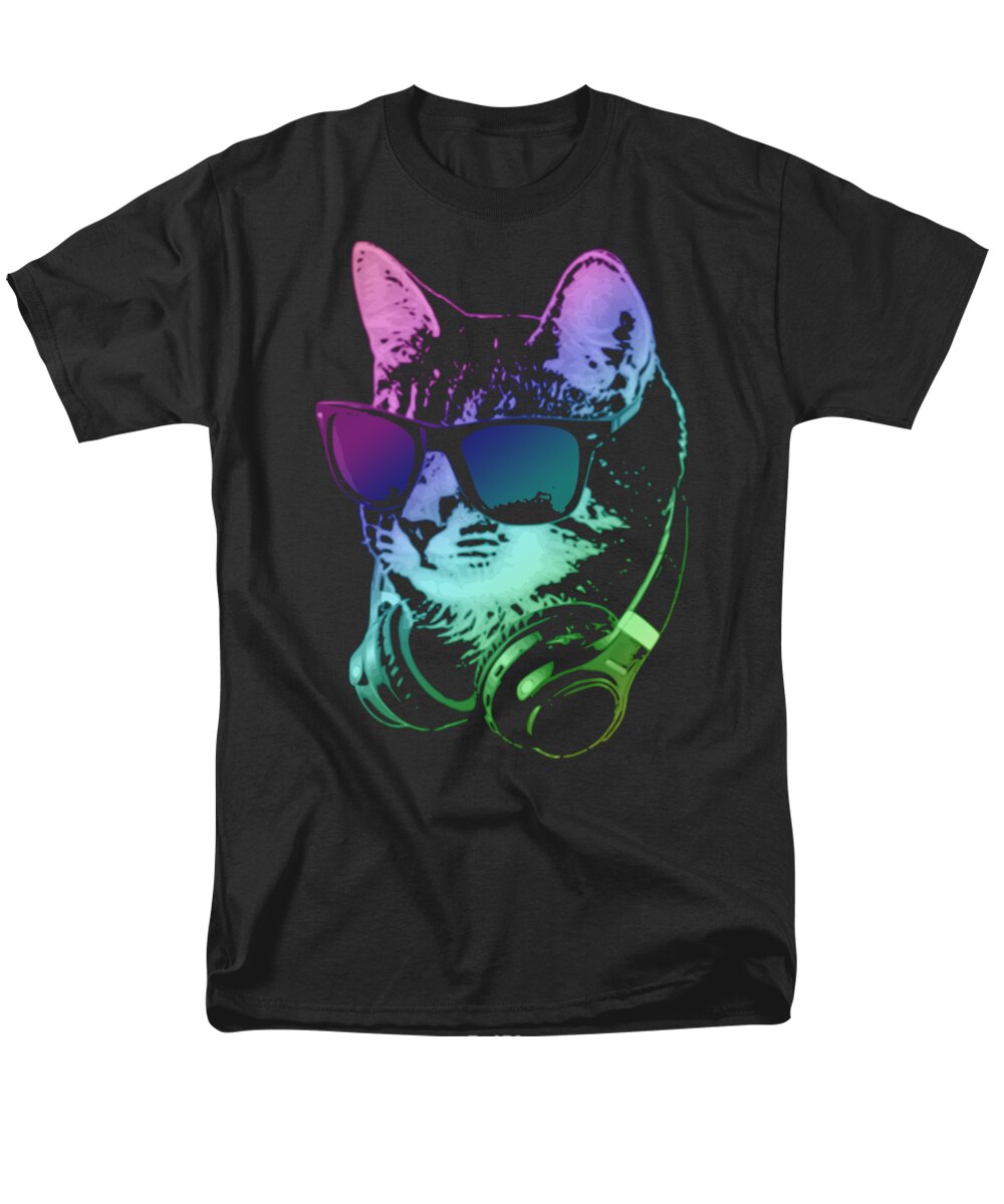 Cat Men's T-Shirt (Regular Fit) featuring the digital art Dj Cat In Neon Lights by Megan Miller
