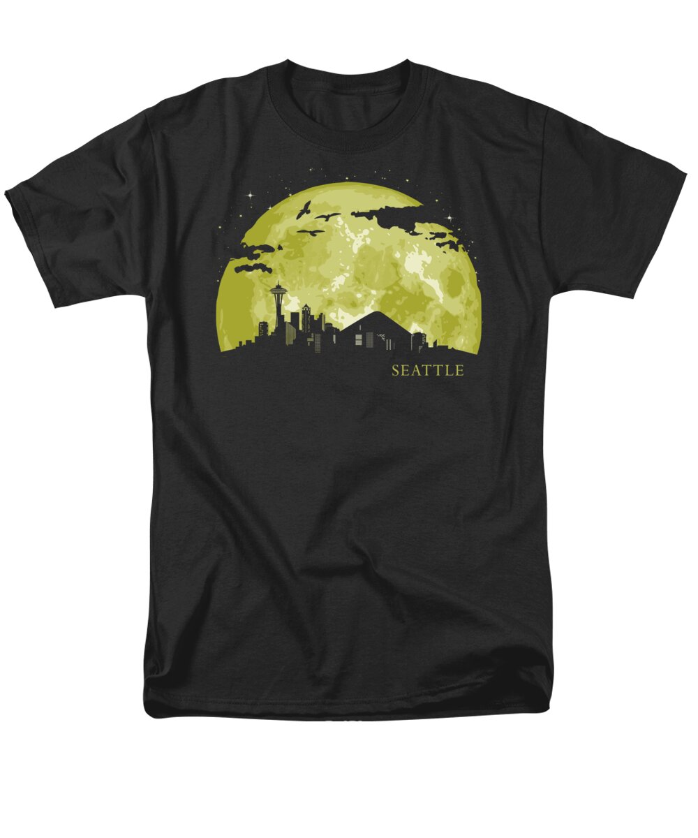 Seattle Men's T-Shirt (Regular Fit) featuring the digital art SEATTLE Moon Light Night Stars Skyline by Megan Miller