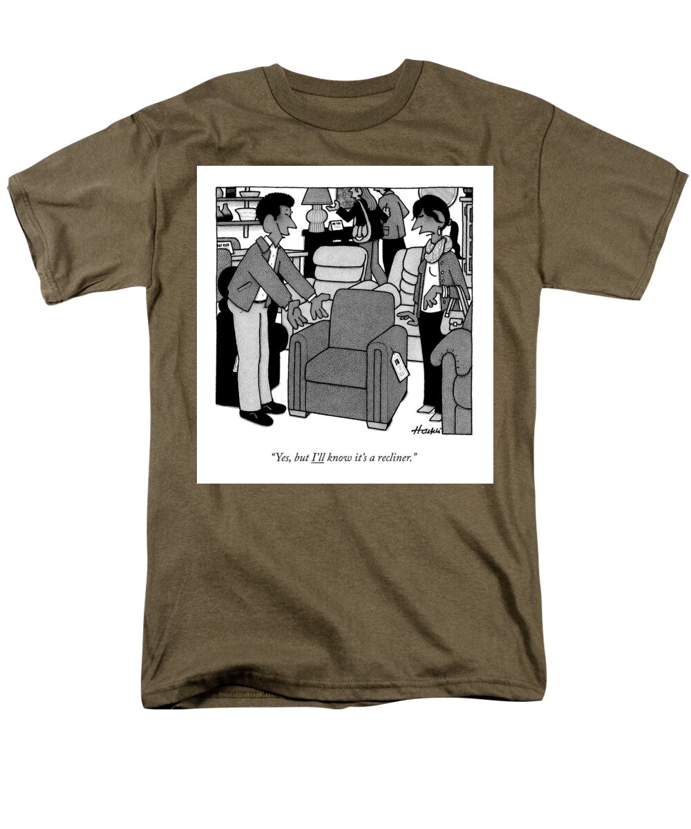 Furniture Men's T-Shirt (Regular Fit) featuring the drawing A Woman Looks At A Recliner Chair At A Store by William Haefeli