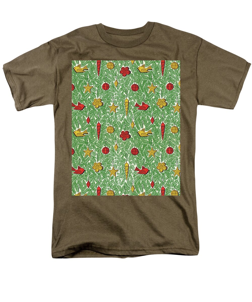 Pattern of Christmas Ornaments on Evergreen Branches T-Shirt by