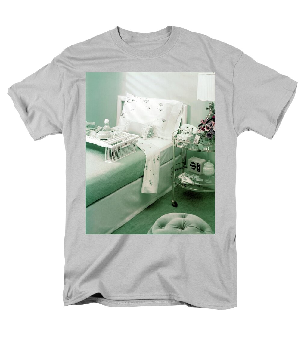 Indoors Men's T-Shirt (Regular Fit) featuring the photograph A Green Bedroom With A Breakfast Tray On The Bed by Haanel Cassidy