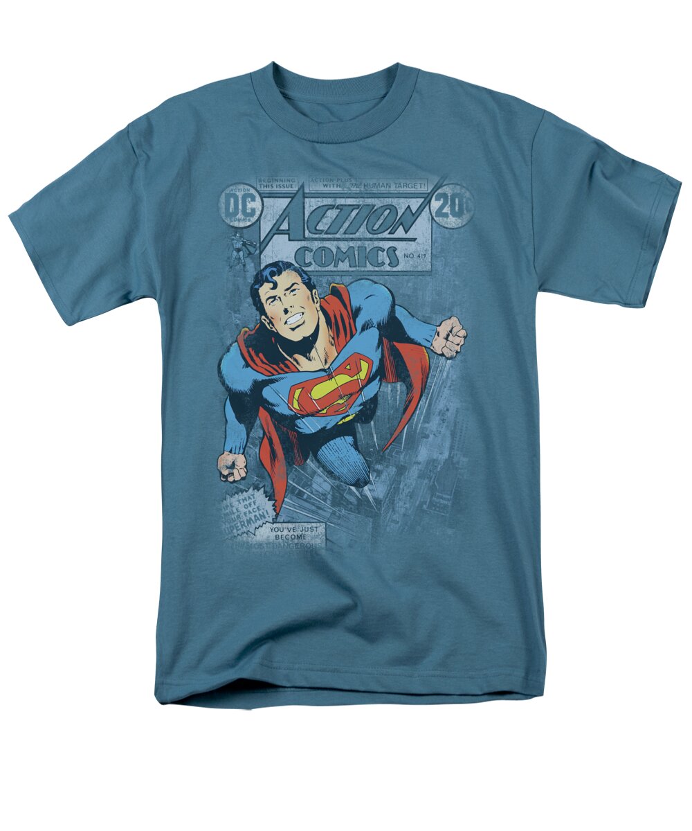 Superman Men's T-Shirt (Regular Fit) featuring the digital art Superman - Action #419 Distress by Brand A