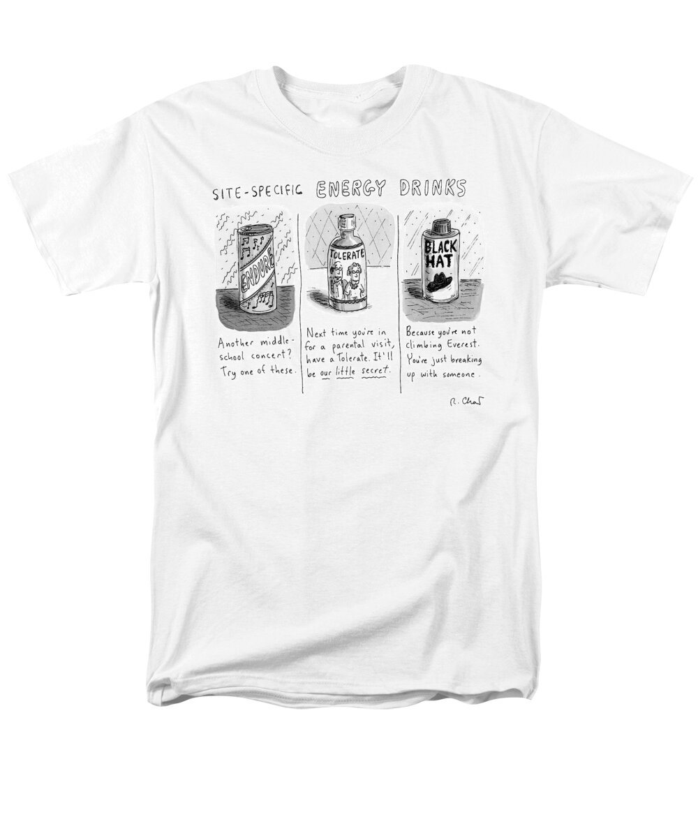 Title: Subtitles: Men's T-Shirt (Regular Fit) featuring the drawing Site-specific Energy Drinks
A Series Of Energy by Roz Chast