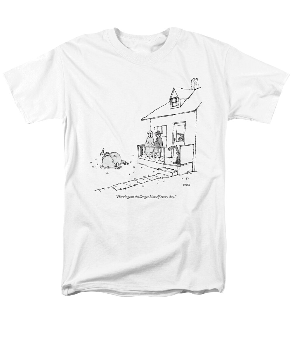 Fitness Word Play Relationships

(one Woman To Another About Man Exercising In Backyard.) 121912 Gbo George Booth Men's T-Shirt (Regular Fit) featuring the drawing Harrington Challenges Himself Every Day by George Booth