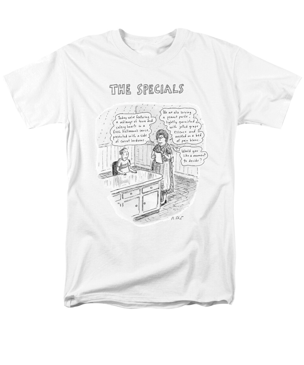 Food Dining Low Cuisine Service Restaurants Word Play

(waitress Reads Men's T-Shirt (Regular Fit) featuring the drawing The Specials by Roz Chast
