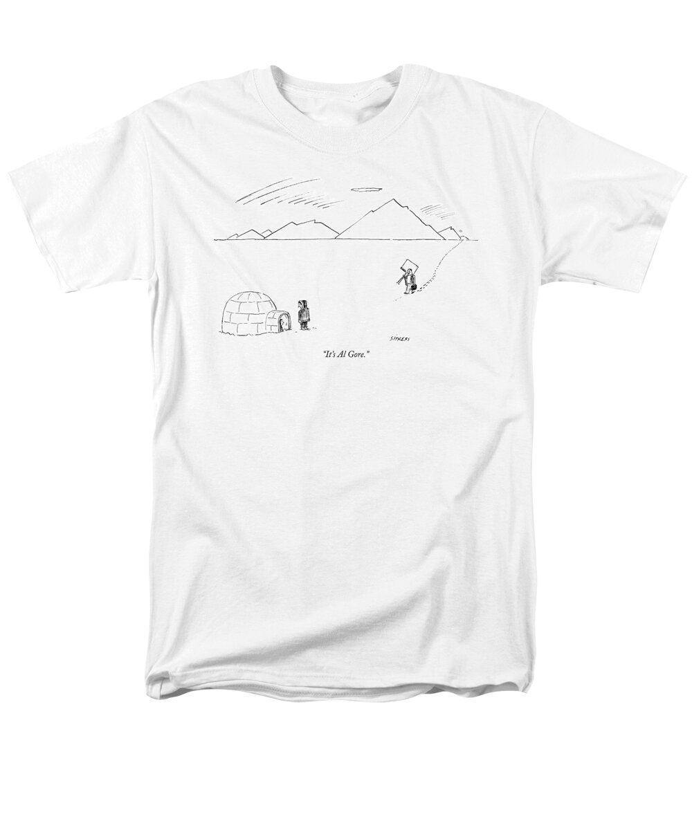 Politics Global Warming Nature Environment 

(one Eskimo To Another About A Man Walking Toward Their Igloo With A Campaign Poster.) 122527 Dsi David Sipress Men's T-Shirt (Regular Fit) featuring the drawing It's Al Gore by David Sipress