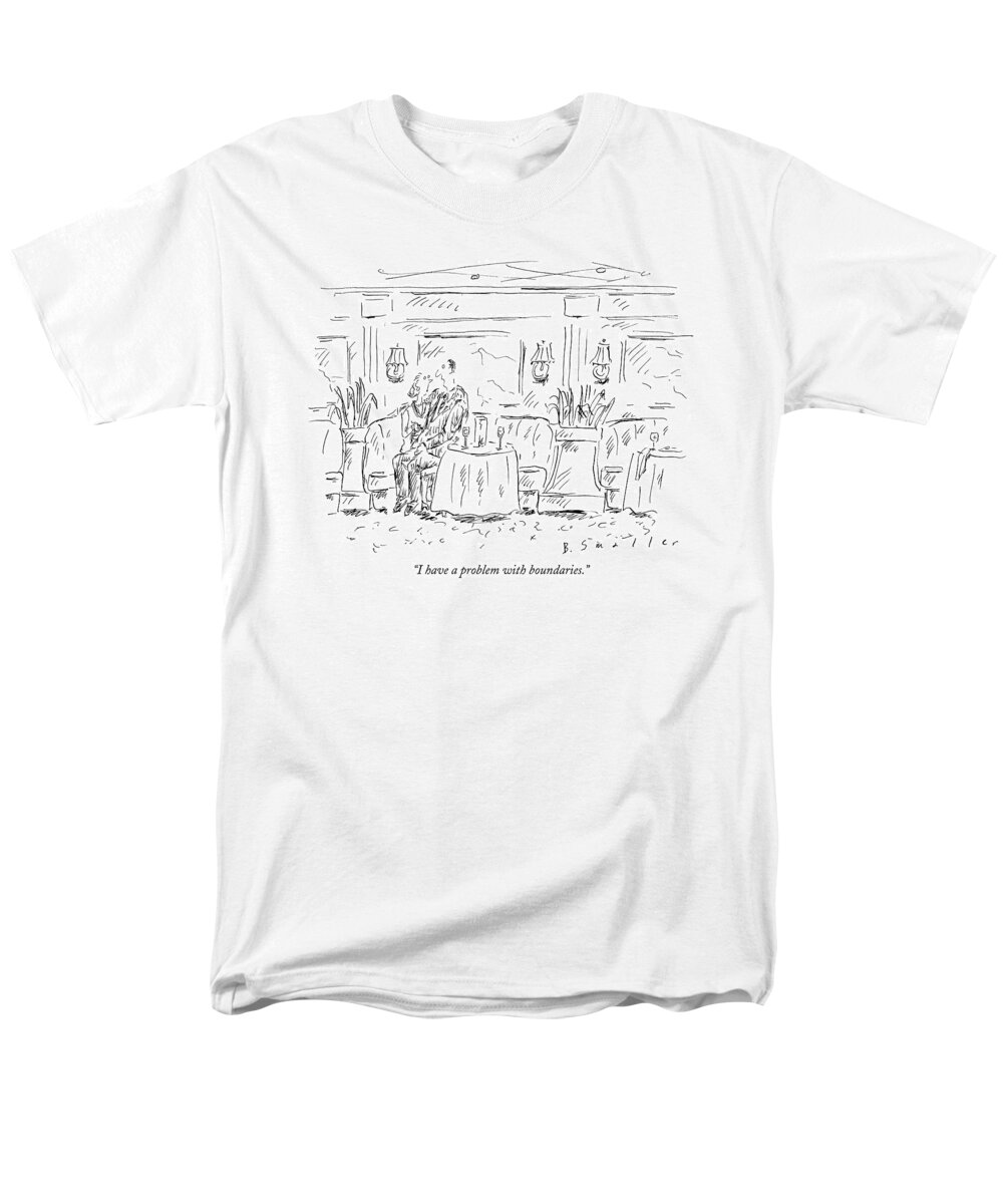 Relationships Problems Dating Couple Interiors 121855  Bsm Barbara Smaller 
(man Sitting On A Woman's Lap At A Restaurant.) Men's T-Shirt (Regular Fit) featuring the drawing I Have A Problem With Boundaries by Barbara Smaller