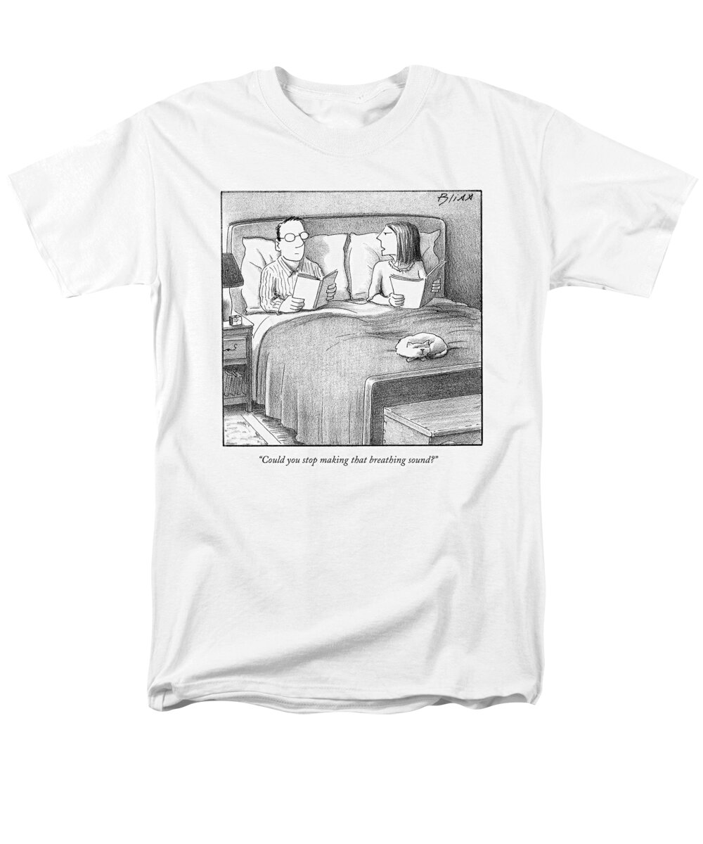Bed Men's T-Shirt (Regular Fit) featuring the drawing Could You Stop Making That Breathing Sound? by Harry Bliss